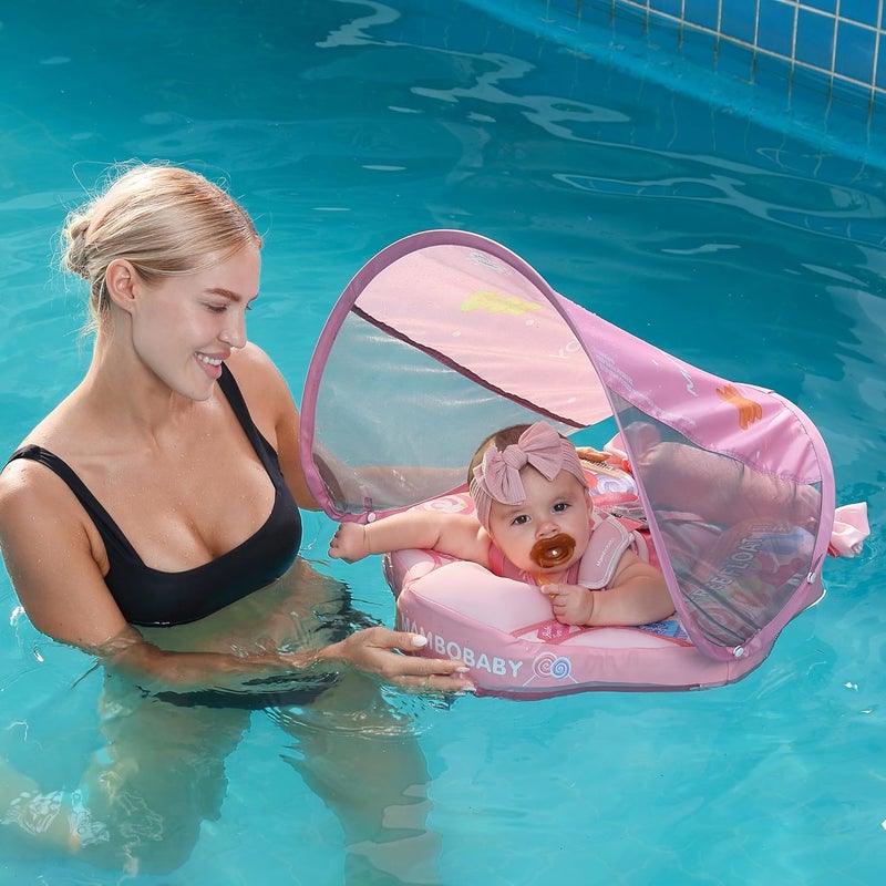 AnjeeIOT Mambobaby Float with Canopy Removable Baby Swimming Pool Float Non Inflatable Baby Safety Float Upgraded Tail Soft Skin-Friendly Material Swim Float for Toddler Infant 3-24 Months, Candy - Image 5